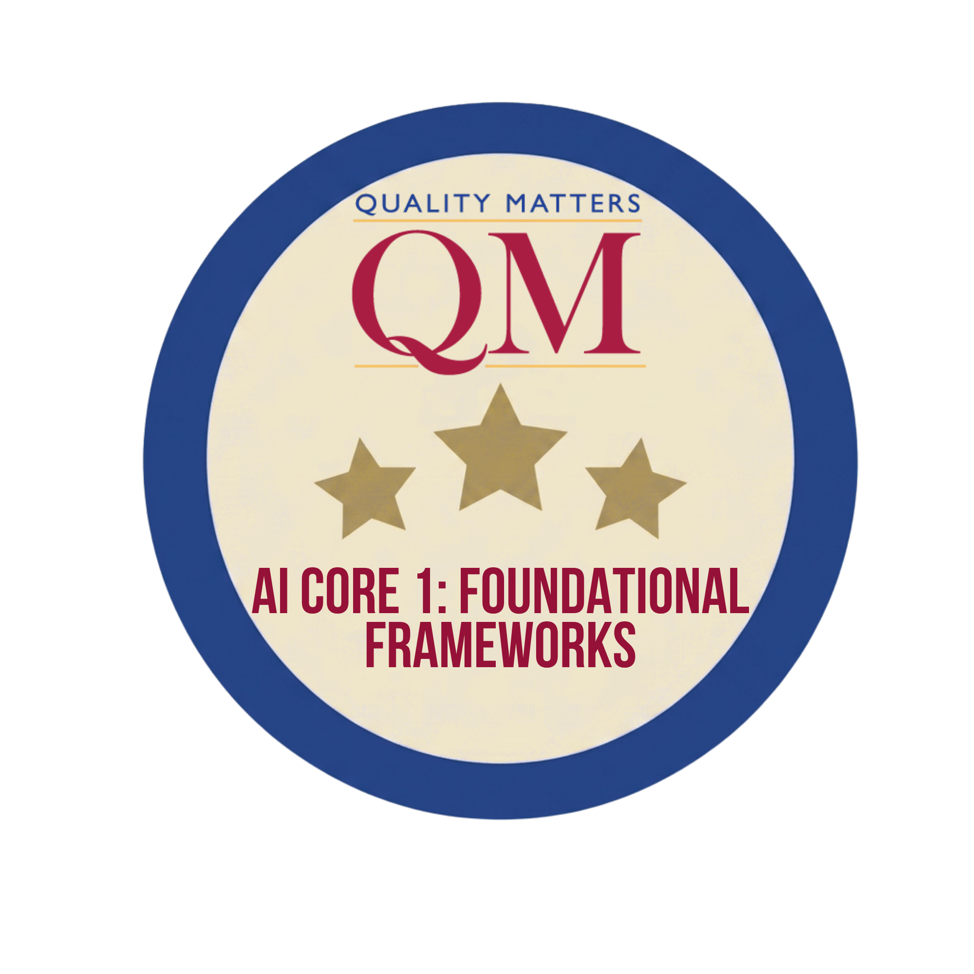 Blue circle with tan background that contains QM logo, stars, and name of AI summer camp workshop 1.