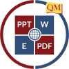 Square with quadrants showing media accessibility marks encased with a circle containing QM logo mark.